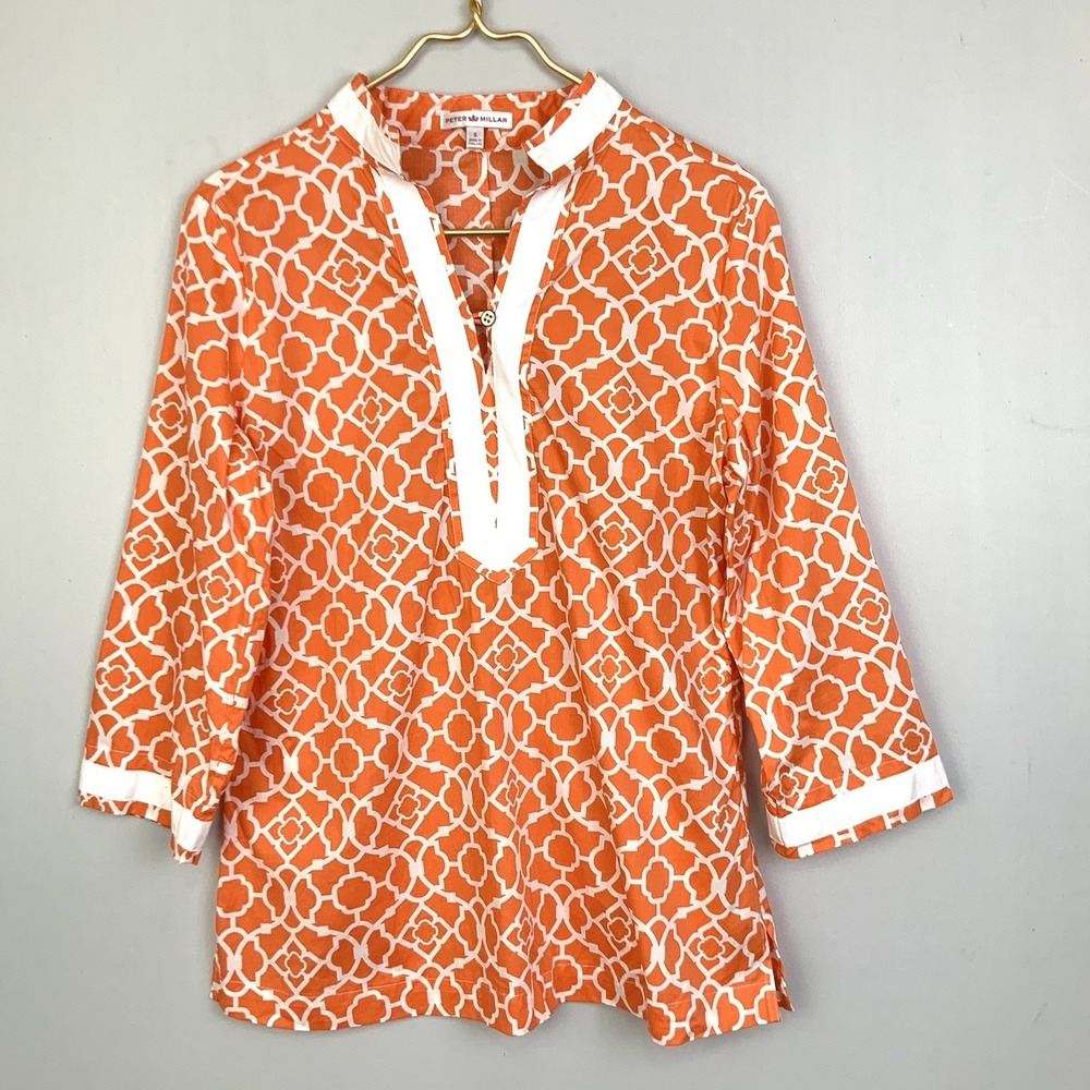Peter Millar Sz Small Orange White Geometric Print Band Collar V Neck Tunic Top